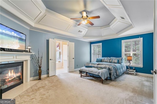 1210 Magnolia Park Cir, Cumming, GA 30040 - carpeted bedroom featuring a fireplace, crown molding, ensuite bath, coffered ceiling, and baseboards