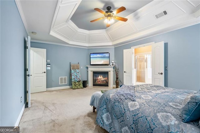 1210 Magnolia Park Cir, Cumming, GA 30040 - carpeted bedroom featuring crown molding, a glass covered fireplace, ceiling fan, and baseboards