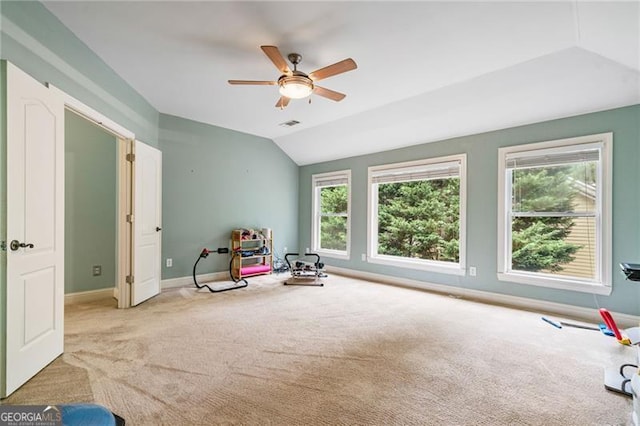 1210 Magnolia Park Cir, Cumming, GA 30040 - rec room featuring carpet floors, lofted ceiling, ceiling fan, and baseboards
