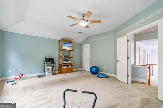 1210 Magnolia Park Cir, Cumming, GA 30040 - exercise area with ceiling fan, carpet floors, and vaulted ceiling