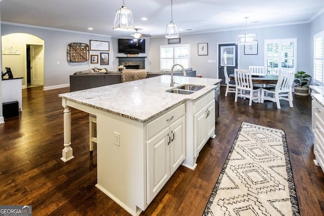 101 High Bluff Trl, Carrollton, GA 30116 - kitchen featuring a sink, a fireplace, dark wood-style flooring, an island with sink, and ornamental molding