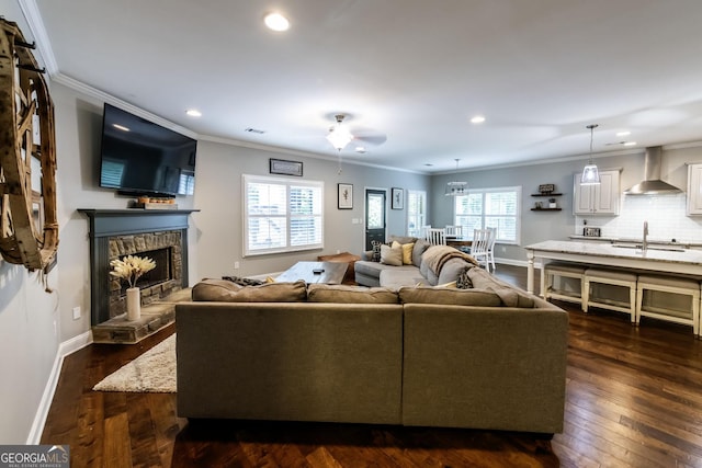 101 High Bluff Trl, Carrollton, GA 30116 - living room featuring crown molding, baseboards, recessed lighting, a stone fireplace, and dark wood-style floors