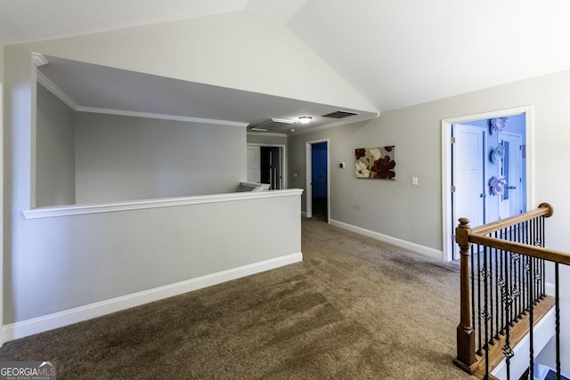 101 High Bluff Trl, Carrollton, GA 30116 - hall featuring an upstairs landing, lofted ceiling, carpet flooring, baseboards, and ornamental molding