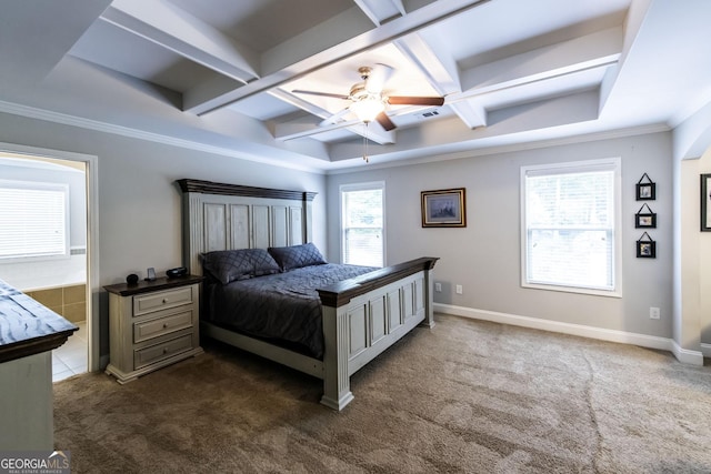 101 High Bluff Trl, Carrollton, GA 30116 - bedroom featuring coffered ceiling, dark carpet, crown molding, beam ceiling, and a ceiling fan