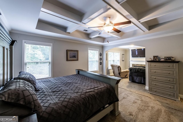 101 High Bluff Trl, Carrollton, GA 30116 - carpeted bedroom featuring coffered ceiling, multiple windows, ornamental molding, arched walkways, and a ceiling fan