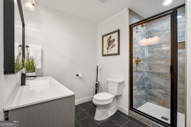 410 S Burgess Trl, Milton, GA 30004 - bathroom featuring toilet, vanity, crown molding, a stall shower, and baseboards