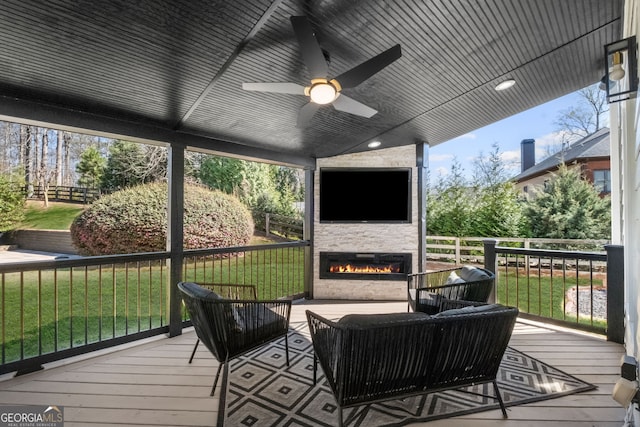 410 S Burgess Trl, Milton, GA 30004 - wooden terrace with an outdoor living space with a fireplace and ceiling fan
