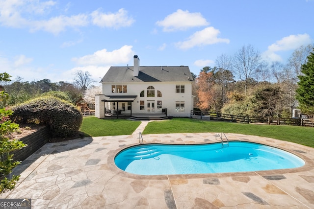 410 S Burgess Trl, Milton, GA 30004 - rear view of house featuring a patio, a chimney, and an outdoor pool