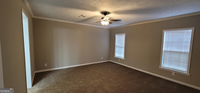 4373 Whiporwill Rd, Gillsville, GA 30543 - spare room with a ceiling fan, ornamental molding, dark carpet, baseboards, and a textured ceiling