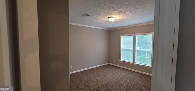 4373 Whiporwill Rd, Gillsville, GA 30543 - unfurnished room featuring a textured ceiling, dark colored carpet, baseboards, and crown molding