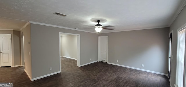 4373 Whiporwill Rd, Gillsville, GA 30543 - empty room featuring ceiling fan, dark wood-style flooring, baseboards, and ornamental molding