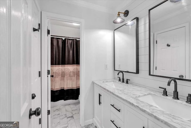 3400 Dencrest Ct SE, Smyrna, GA 30080 - bathroom with ornamental molding, marble finish floors, and double vanity