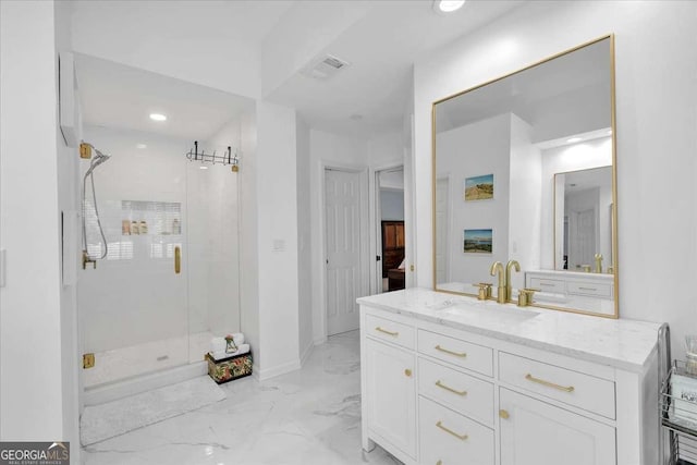 3400 Dencrest Ct SE, Smyrna, GA 30080 - full bath with a stall shower, vanity, marble finish floors, and recessed lighting