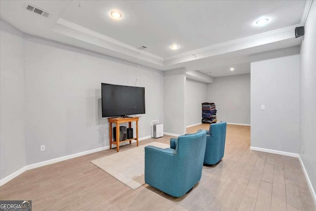 3400 Dencrest Ct SE, Smyrna, GA 30080 - living area featuring ornamental molding, wood finished floors, a raised ceiling, baseboards, and recessed lighting