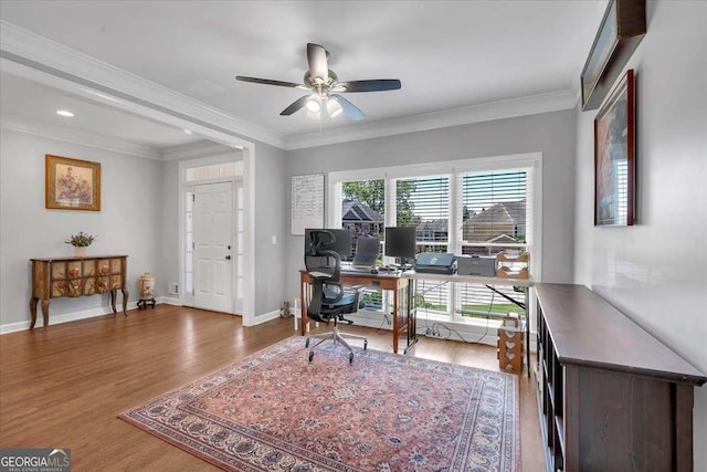 3400 Dencrest Ct SE, Smyrna, GA 30080 - office area featuring a ceiling fan, wood finished floors, baseboards, ornamental molding, and recessed lighting