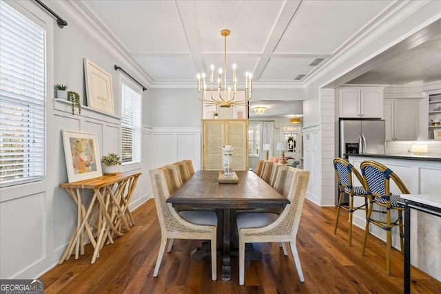 2291 Mission Oak Ter, Grayson, GA 30017 - dining area featuring a chandelier, dark wood-style floors, coffered ceiling, a decorative wall, and ornamental molding