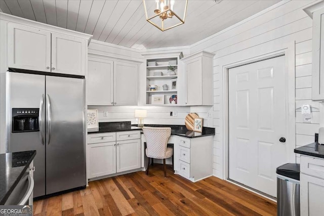 2291 Mission Oak Ter, Grayson, GA 30017 - kitchen with stainless steel fridge with ice dispenser, open shelves, dark countertops, dark wood-style flooring, and white cabinetry