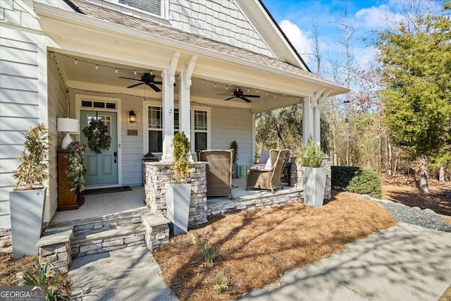 2291 Mission Oak Ter, Grayson, GA 30017 - entrance to property with a ceiling fan, covered porch, and a shingled roof