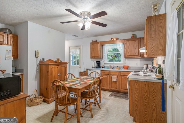 844 Potomac Pl, Winder, GA 30680 - kitchen with light floors, a ceiling fan, light countertops, brown cabinets, and a textured ceiling