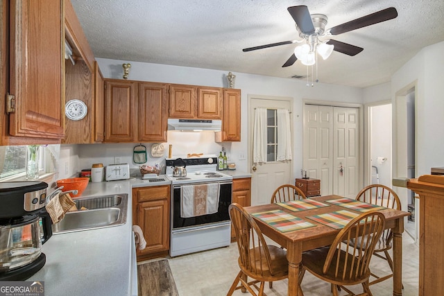 844 Potomac Pl, Winder, GA 30680 - kitchen featuring white range with electric stovetop, under cabinet range hood, a sink, a ceiling fan, and light countertops