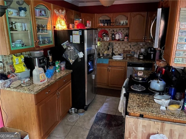 60 King Blvd, Mcdonough, GA 30253 - kitchen featuring tasteful backsplash, stainless steel fridge with ice dispenser, light tile patterned floors, dishwashing machine, and ornamental molding
