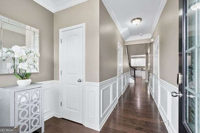 2939 Woodward Down Trl, Buford, GA 30519 - corridor with ornamental molding, a decorative wall, dark wood-style floors, french doors, and a wainscoted wall