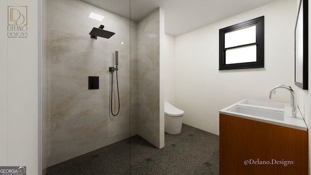 458 Shannon Dr SW, Atlanta, GA 30310 - bathroom with toilet, walk in shower, vanity, and speckled floor