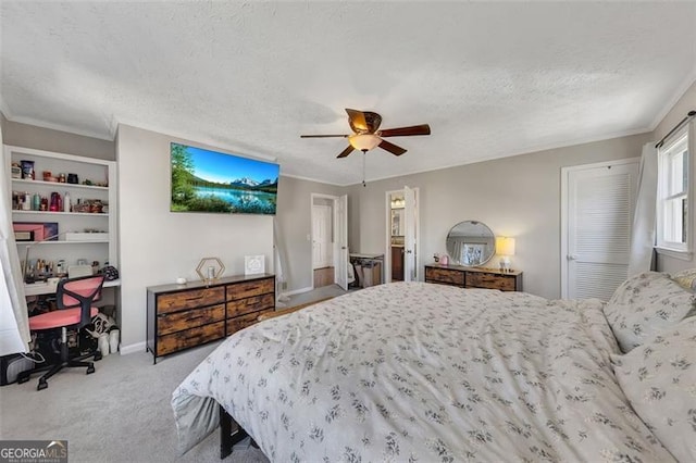 3271 Sutcliffe Rdg, Marietta, GA 30064 - carpeted bedroom featuring a textured ceiling, a desk, crown molding, and a ceiling fan