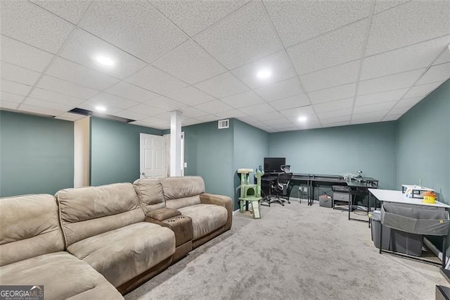 3271 Sutcliffe Rdg, Marietta, GA 30064 - living area featuring carpet floors, a desk, recessed lighting, and a paneled ceiling