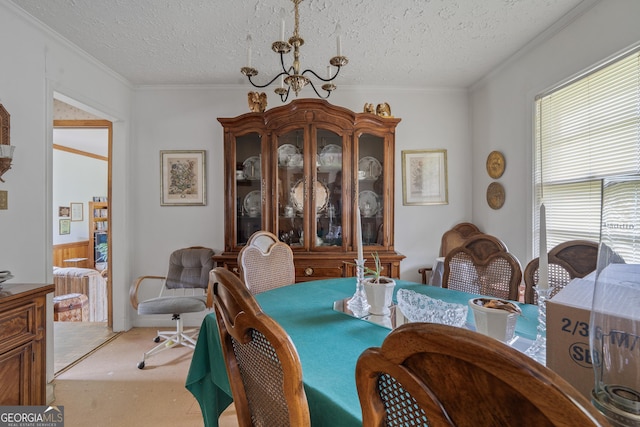 114 Pippin Rd, Hillsboro, GA 31038 - dining space with a textured ceiling, carpet flooring, and crown molding