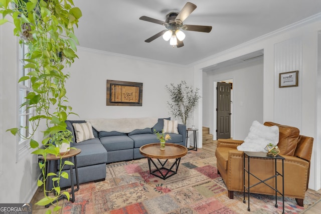 6290 Cascade Palmetto Hwy, Fairburn, GA 30213 - living area featuring a ceiling fan, ornamental molding, and wood finished floors