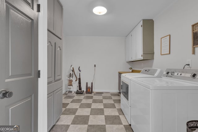 6290 Cascade Palmetto Hwy, Fairburn, GA 30213 - laundry area with cabinet space, washing machine and clothes dryer, light flooring, baseboards, and crown molding