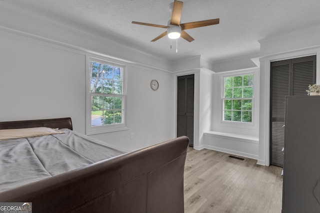 6290 Cascade Palmetto Hwy, Fairburn, GA 30213 - bedroom with multiple closets, light wood-style flooring, crown molding, baseboards, and a ceiling fan