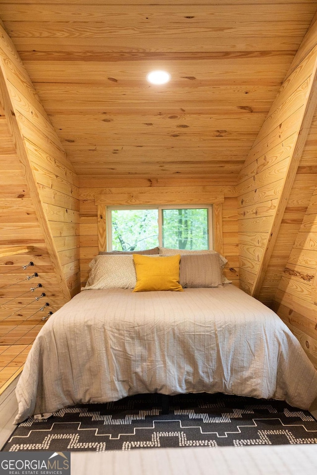 6290 Cascade Palmetto Hwy, Fairburn, GA 30213 - bedroom with wooden ceiling, lofted ceiling, and wooden walls