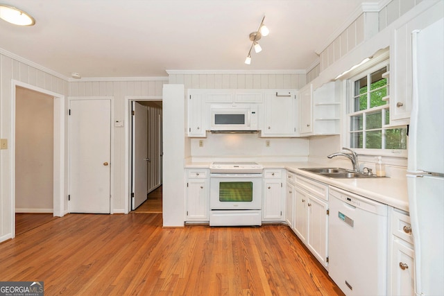 3431 Alcan Way, Tucker, GA 30084 - kitchen featuring white appliances, a sink, ornamental molding, white cabinets, and open shelves