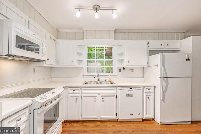 3431 Alcan Way, Tucker, GA 30084 - kitchen with white appliances, a sink, open shelves, and white cabinetry