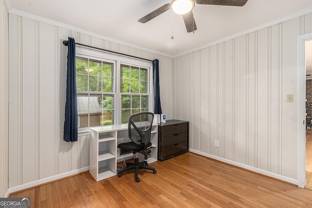 3431 Alcan Way, Tucker, GA 30084 - office space with baseboards, crown molding, wood finished floors, and a ceiling fan