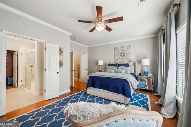 1858 Preserve Way, Atlanta, GA 30341 - bedroom with ornamental molding, wood finished floors, baseboards, a ceiling fan, and ensuite bathroom