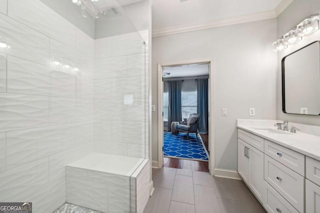 1858 Preserve Way, Atlanta, GA 30341 - bathroom with crown molding, vanity, tiled shower, ensuite bath, and baseboards
