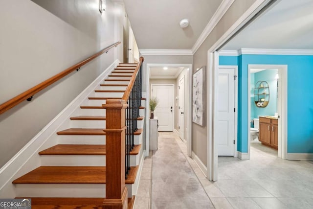 1858 Preserve Way, Atlanta, GA 30341 - stairway featuring baseboards, crown molding, and tile patterned floors