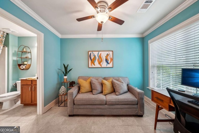 1858 Preserve Way, Atlanta, GA 30341 - office featuring a ceiling fan, crown molding, baseboards, and light tile patterned flooring