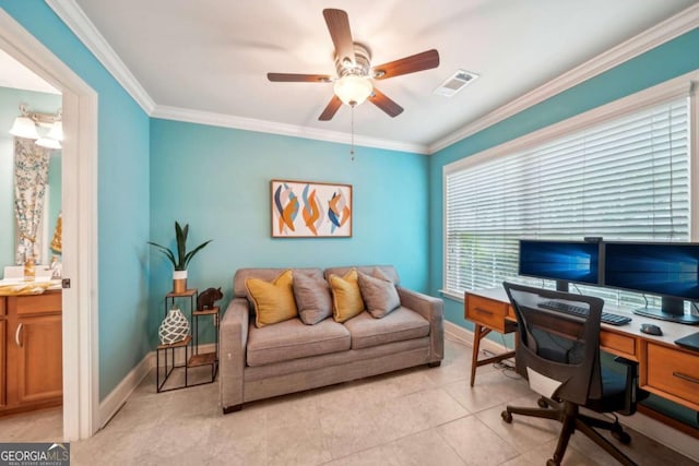 1858 Preserve Way, Atlanta, GA 30341 - office space with crown molding, ceiling fan, light tile patterned floors, and baseboards