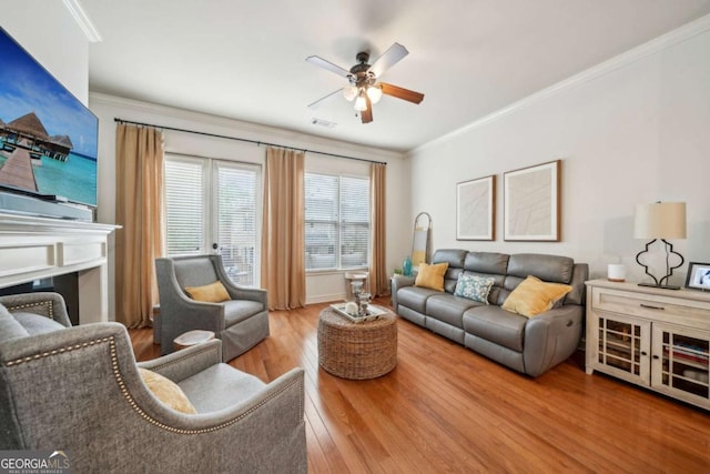 1858 Preserve Way, Atlanta, GA 30341 - living room with wood finished floors, ceiling fan, and crown molding