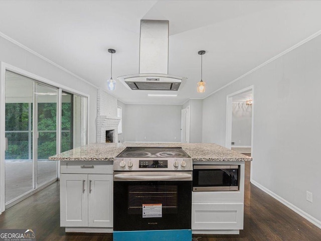 1110 Upper Hembree Rd, Roswell, GA 30076 - kitchen featuring stainless steel appliances, dark wood finished floors, ornamental molding, island range hood, and light stone counters