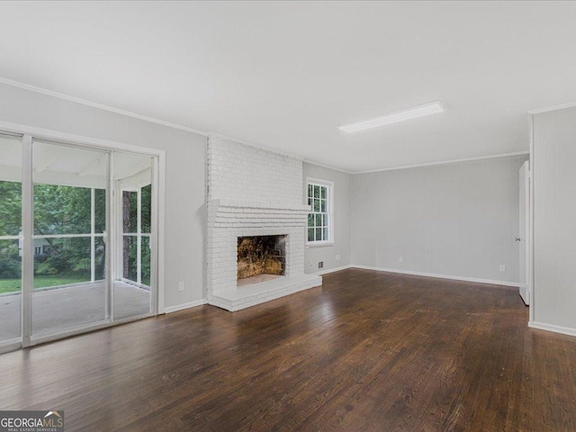 1110 Upper Hembree Rd, Roswell, GA 30076 - unfurnished living room with crown molding, wood finished floors, a brick fireplace, and baseboards