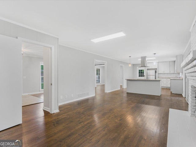 1110 Upper Hembree Rd, Roswell, GA 30076 - unfurnished living room with ornamental molding, dark wood-style floors, a fireplace, and baseboards