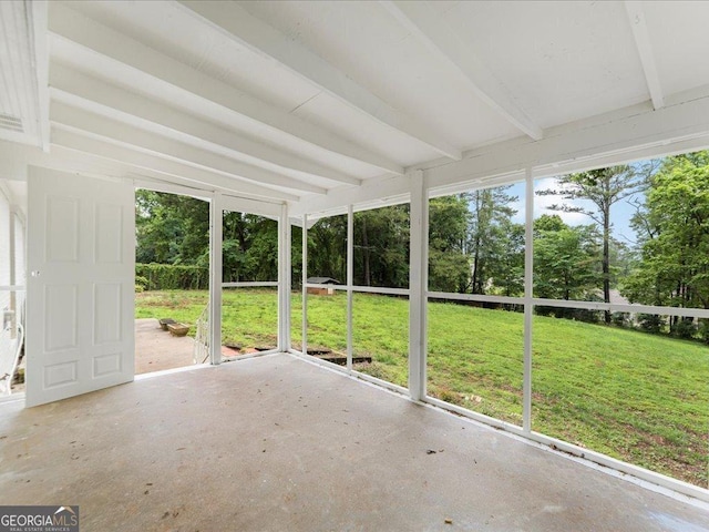 1110 Upper Hembree Rd, Roswell, GA 30076 - unfurnished sunroom with beam ceiling and view of scattered trees