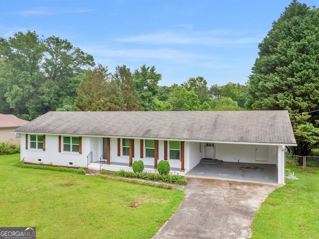 117 Thomas St, Griffin, GA 30224 - ranch-style home featuring asphalt driveway, crawl space, a porch, an attached carport, and a shingled roof