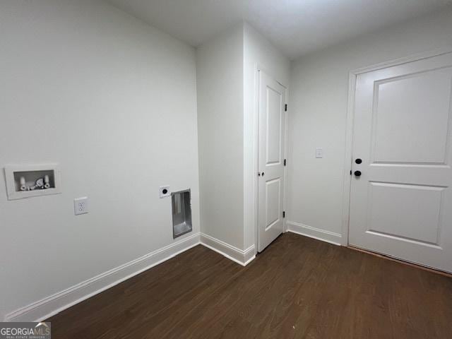 189 Warner Rd, Barnesville, GA 30204 - laundry area featuring baseboards, dark wood-style flooring, electric dryer hookup, and washer hookup