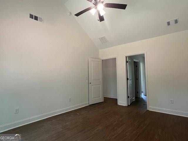 189 Warner Rd, Barnesville, GA 30204 - unfurnished bedroom featuring wood finished floors, high vaulted ceiling, baseboards, and ceiling fan